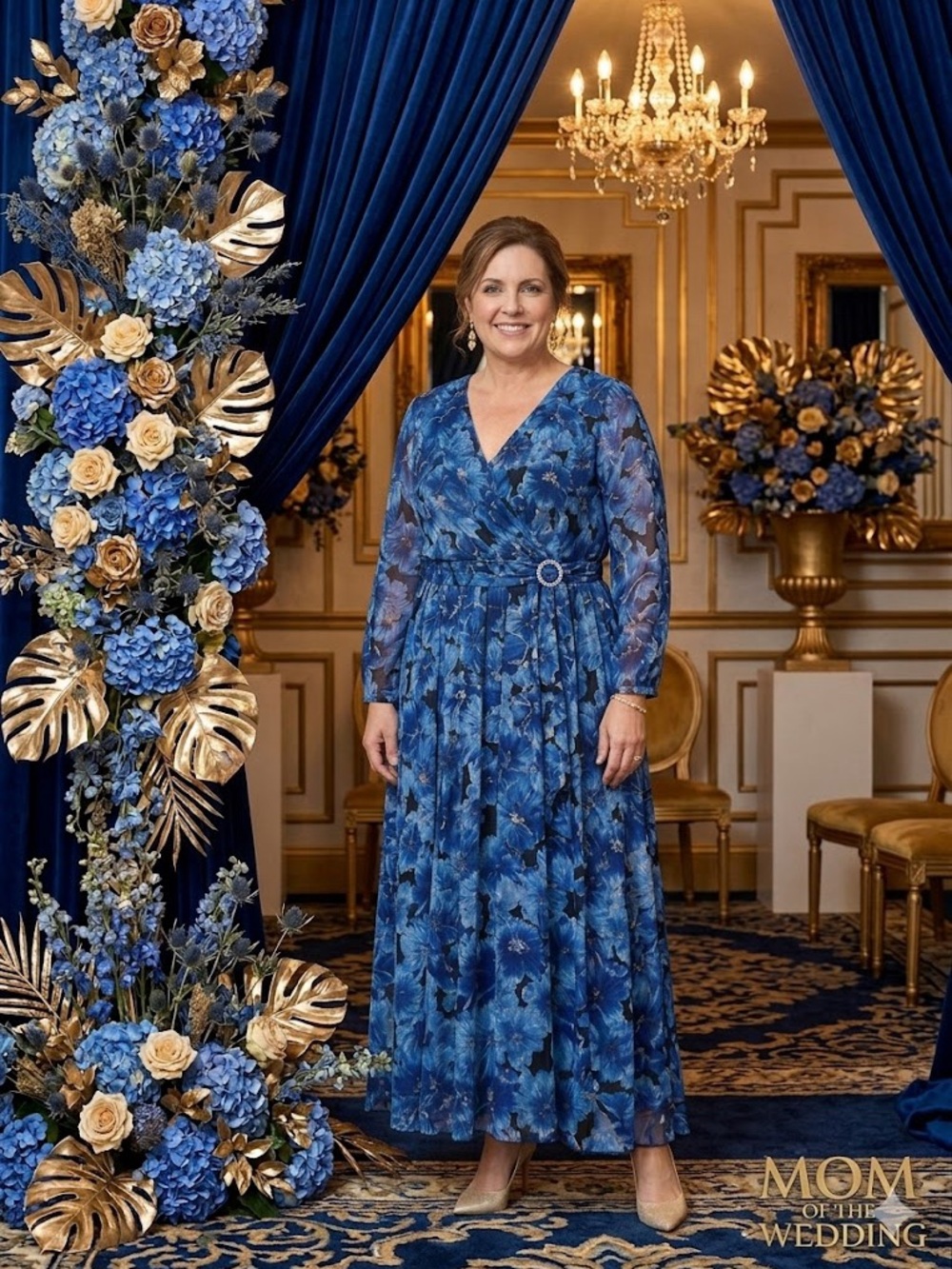 Blue Floral V-Neck Long-Sleeve Wrap Maxi Dress